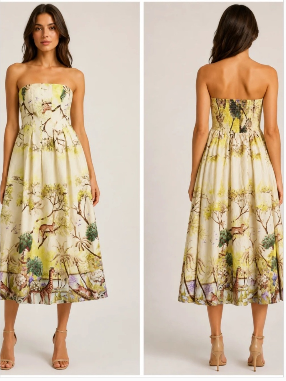 Caroline Constas Jungle Safari Print Strapless Cotton Midi Dress New S